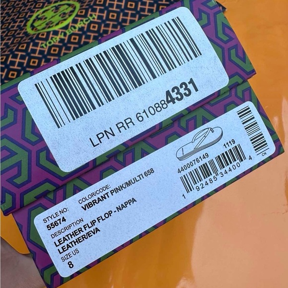 NIB Tory Burch Nappa Leather Flip Flop Sandals Vibrant Pink Blue Gold Logo Sz 8 - Picture 8 of 9